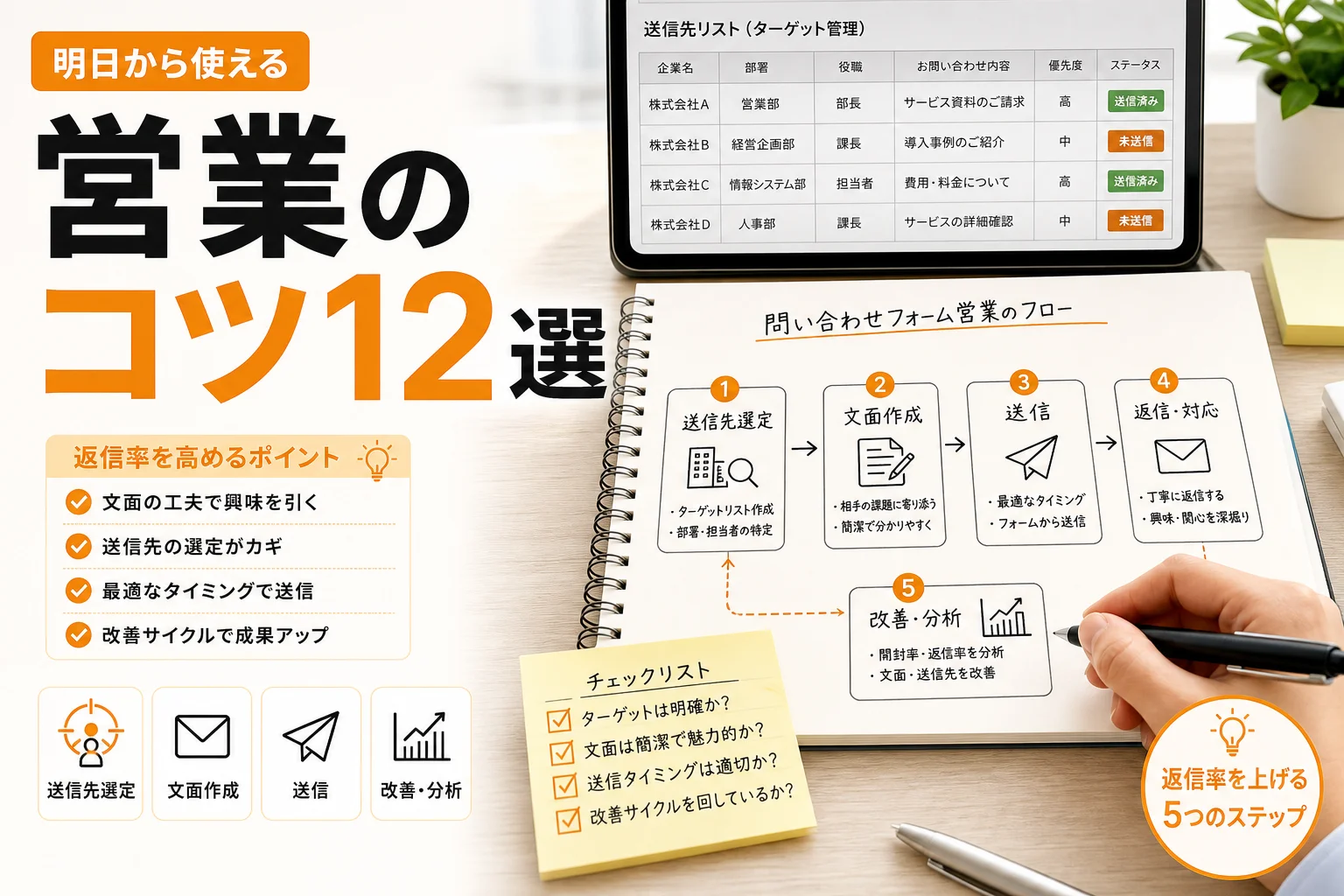 問い合わせフォーム営業のコツ12選|返信率を高める文面・送信先選定・改善方法を解説