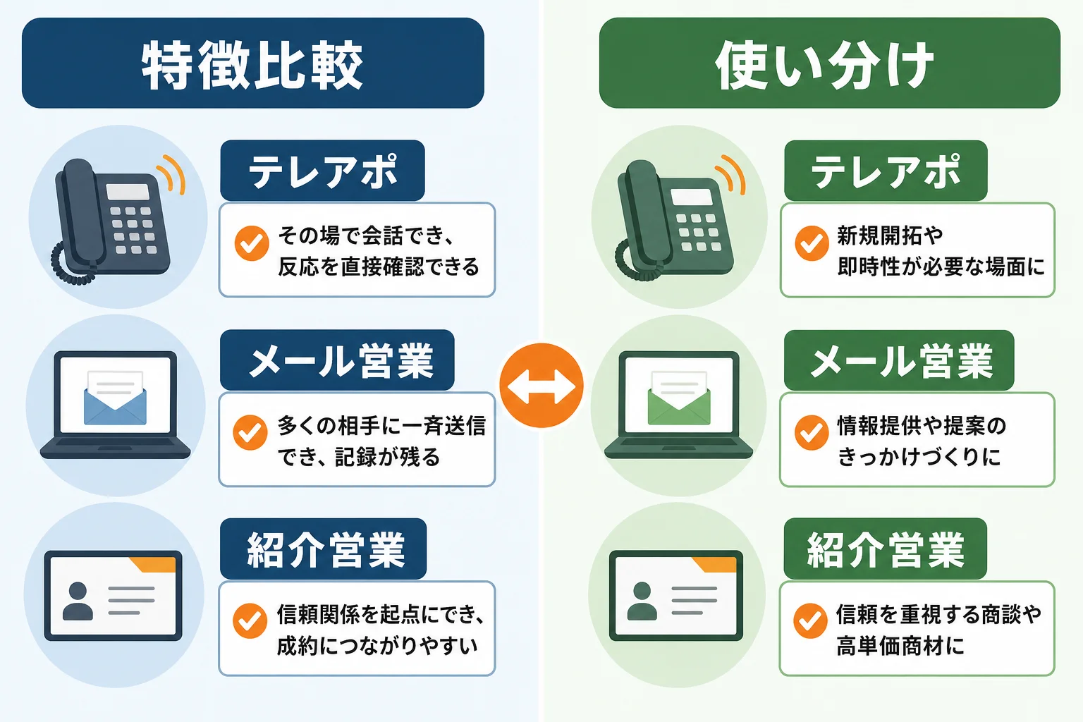 テレアポ・メール営業・紹介営業との違いと使い分け
