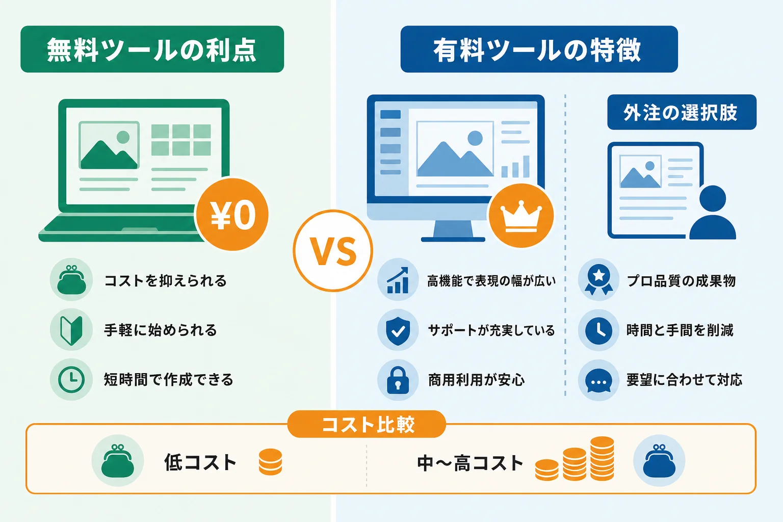 無料作成と有料ツール・外注の違いをどう見極めるか