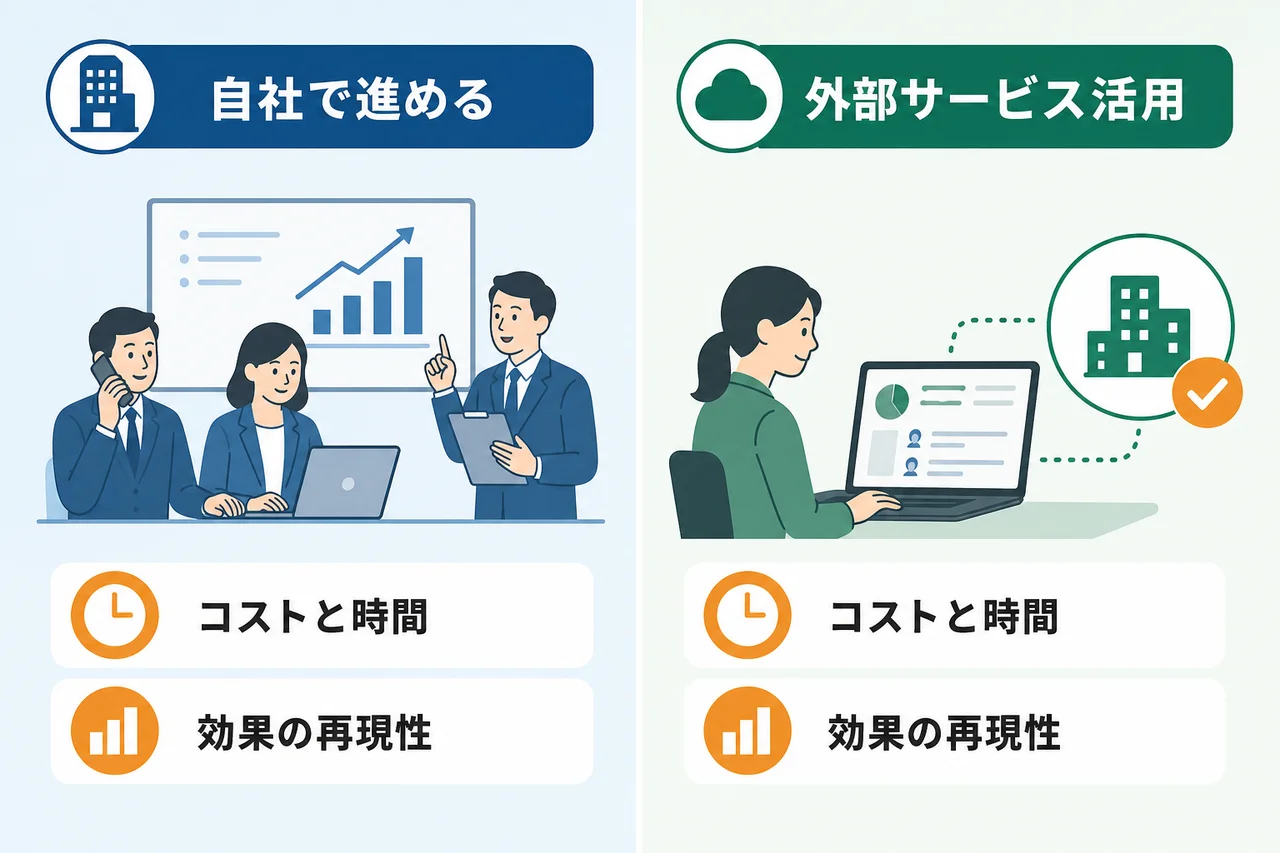 自社で進めるか、外部サービスやツールを活用するかの判断基準