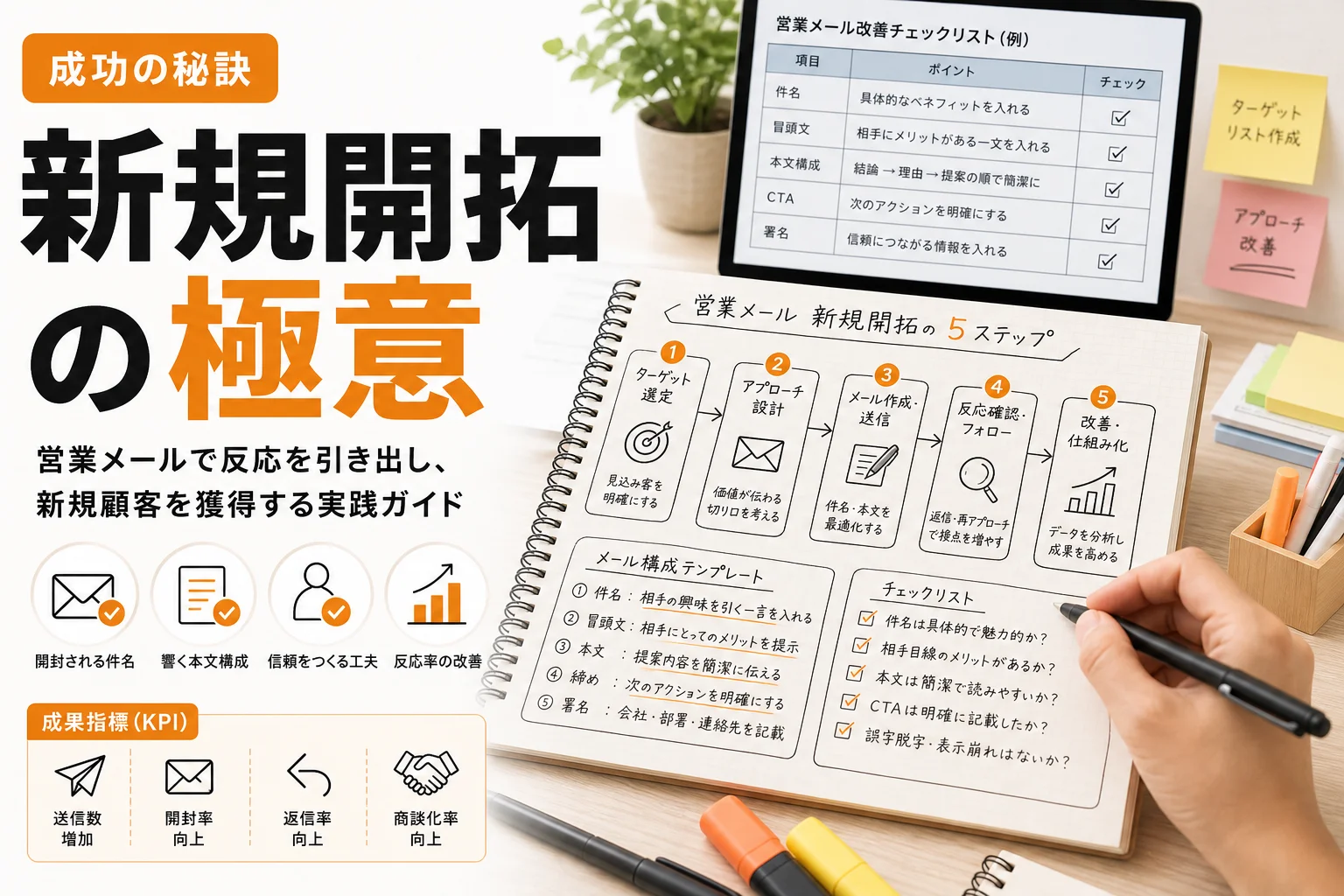 営業メール新規開拓の成功法則|反応率を高める書き方・例文・改善手順を解説